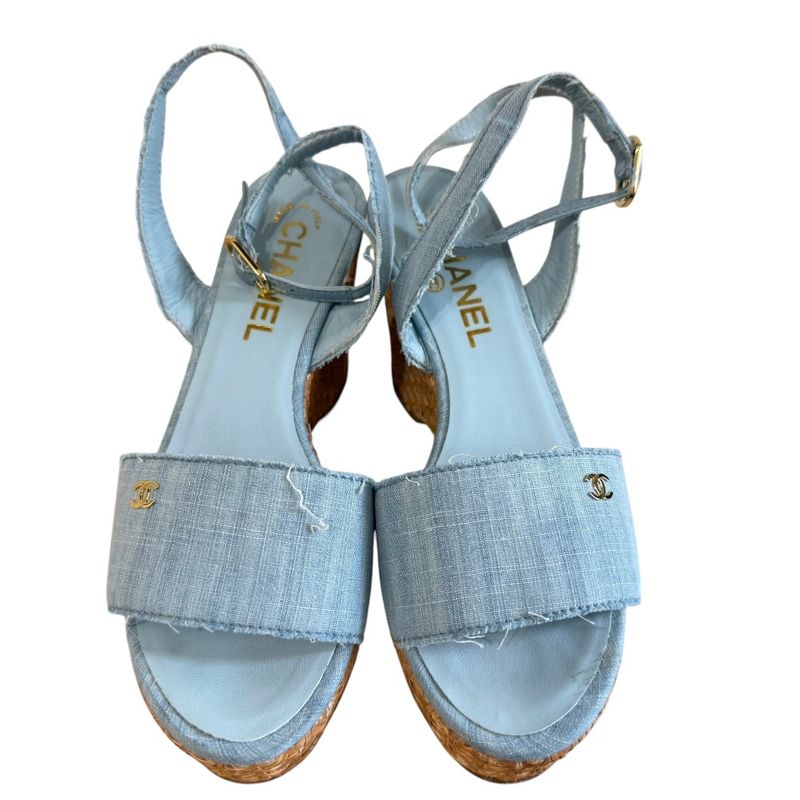 Chanel Coco Mark Open Toe Ankle Strap Wedge Sole Sandals 34 1/2 21.5cm (8.46in)