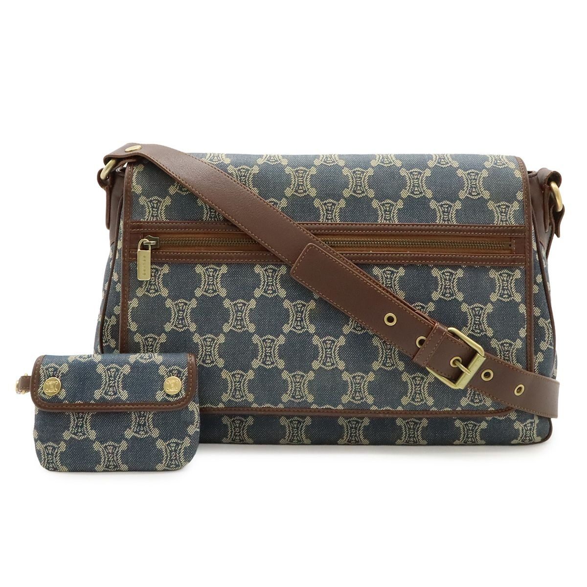 Celine Paris Macadam Shoulder Bag Denim Canvas Blue Brown Gold Pouch