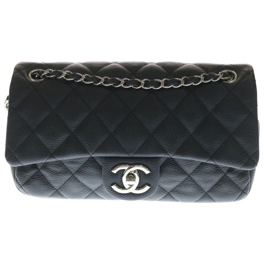 Chanel Quilted 25 Chain Shoulder Bag Black Caviar Leather Silver