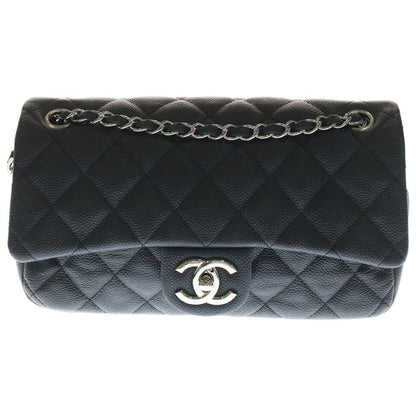 Chanel Quilted 25 Chain Shoulder Bag Black Caviar Leather Silver