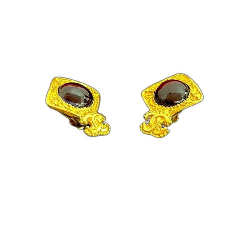 Chanel with Rice CC Logo Earrings Gold Brown