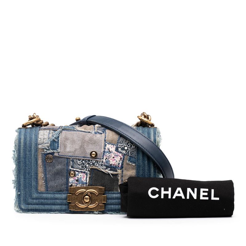 Chanel Boy Chanel Patchwork Chain Shoulder Bag Blue Gold Denim Women's Chanel