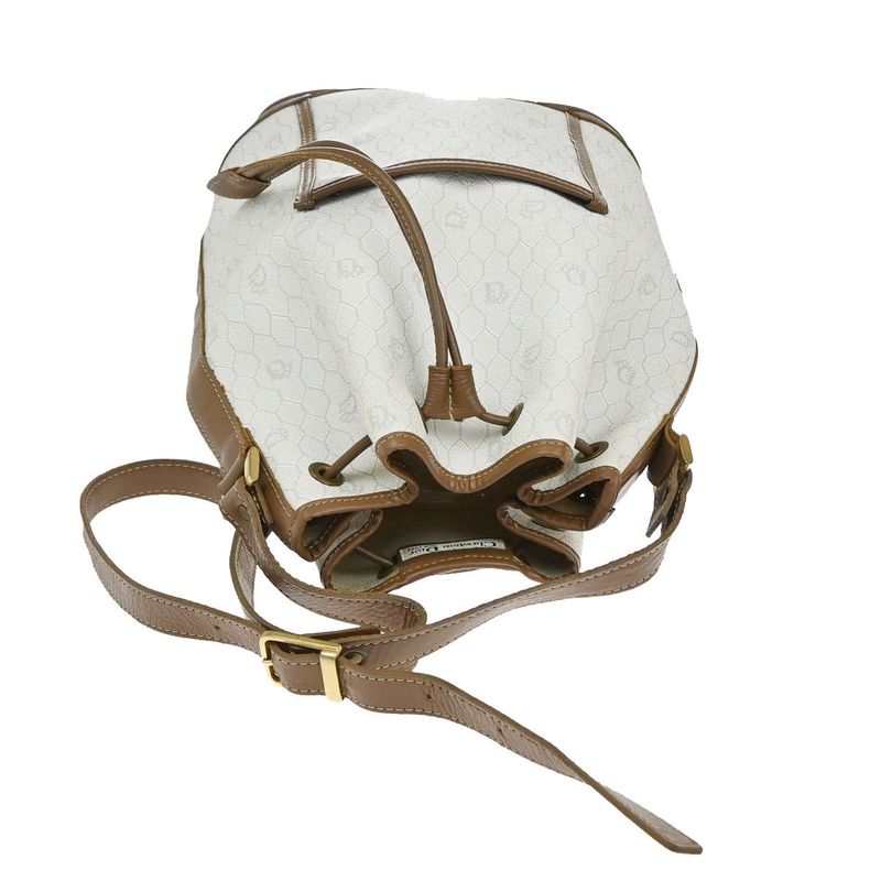 Christian DIOR Shoulder Bag Macadam Drawstring White Brown Leather Vintage