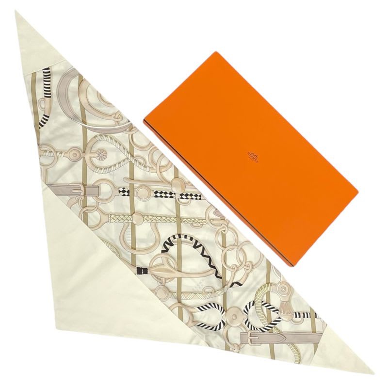 Hermes Triangle Scarf Horse Tack Pattern Silk Leather Cream