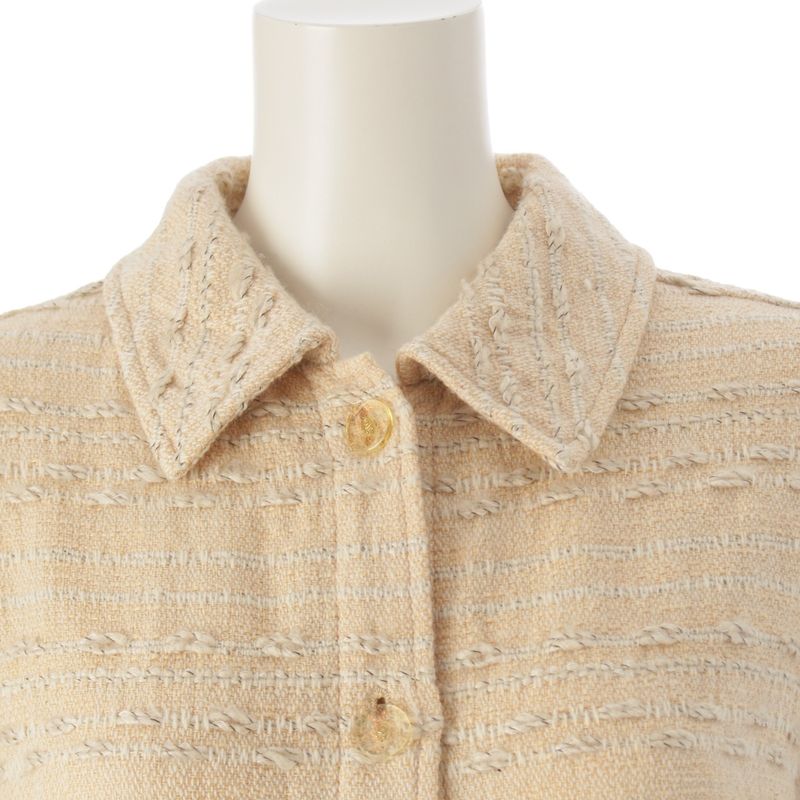 Chanel 99A Wool Cotton Tweed Stencil Collar Coat Outerwear P13844 Yellow 36
