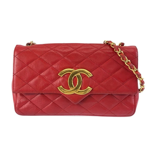Chanel Vintage Quilted Jumbo CC Logo Red Gold Leather Chain Shoulder Bag
