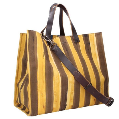 Fendi Ohf Striped Canvas Leather Handle Shoulder Tote
