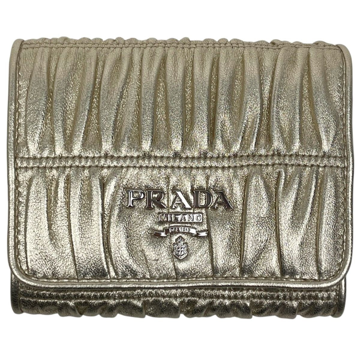 Prada Logo Trifold Wallet Gathered Leather Gold