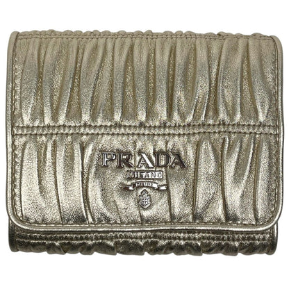 Prada Logo Trifold Wallet Gathered Leather Gold