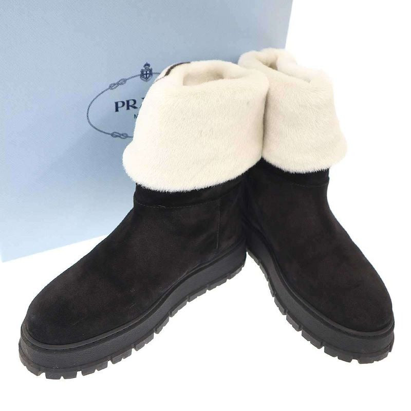 Prada Mouton Leather Triangle Logo Haraco Boots 8830 9533 Black 39