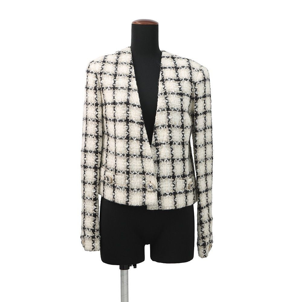 Chanel Jacket Tweed Short Length 38 Ivory Black Gray