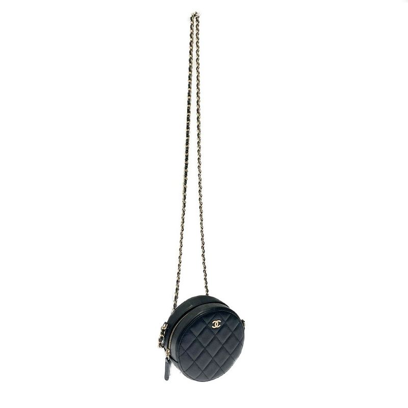 Chanel Matelasse Caviar Skin Coco Mark Round Chain Shoulder Bag Black 371277