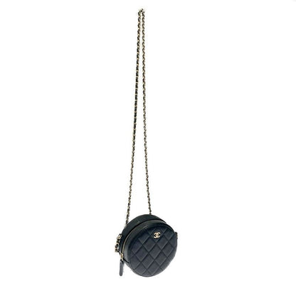 Chanel Matelasse Caviar Skin Coco Mark Round Chain Shoulder Bag Black 371277