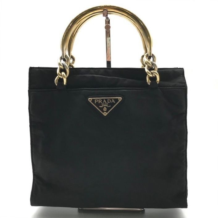 Prada Nylon Tessuto Metal Handle Hand Bag Black Bag