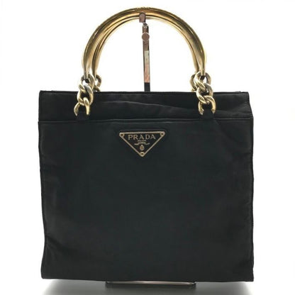 Prada Nylon Tessuto Metal Handle Hand Bag Black Bag