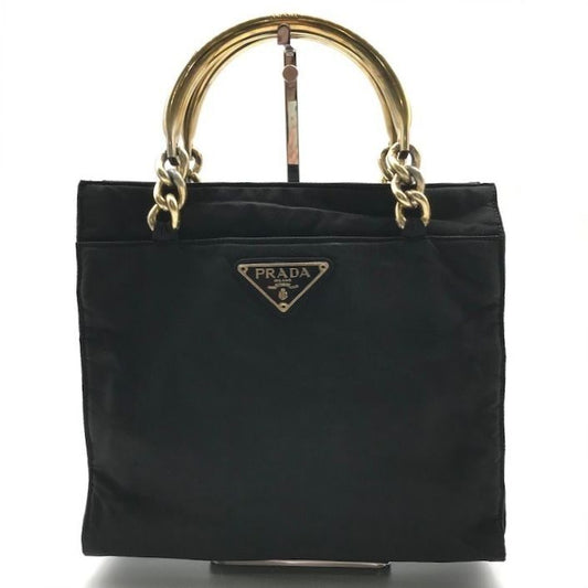 Prada Nylon Tessuto Metal Handle Hand Bag Black Bag