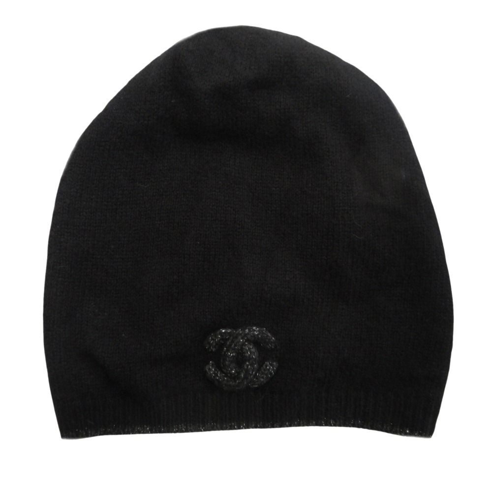 Chanel CC Logo Cashmere Silk Knit Cap Beanie Cap Lame Black Gray