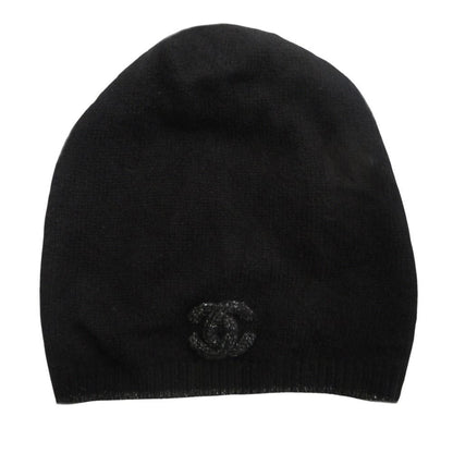 Chanel CC Logo Cashmere Silk Knit Cap Beanie Cap Lame Black Gray