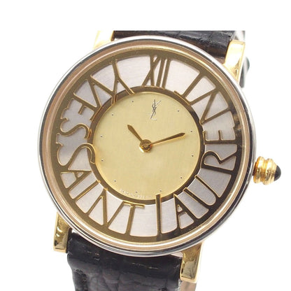 Saint Laurent Round Watch Logo Gold Silver SS Leather Quartz