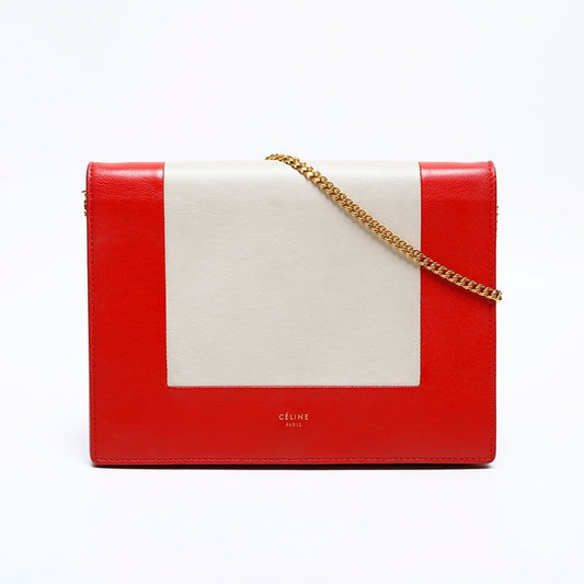 Celine Shoulder Bag Leather Frame Chain Red Beige