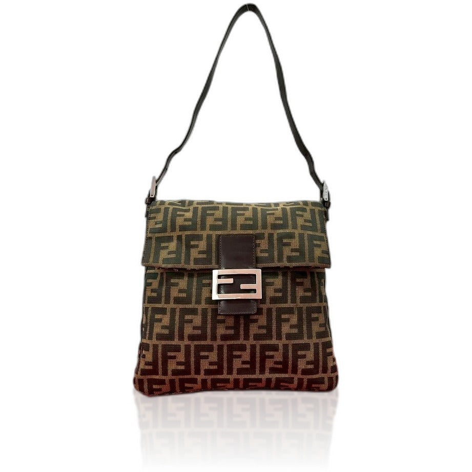 Fendi Mamma Bucket Zucca FF Pattern Logo Canvas Leather One Shoulder Bag