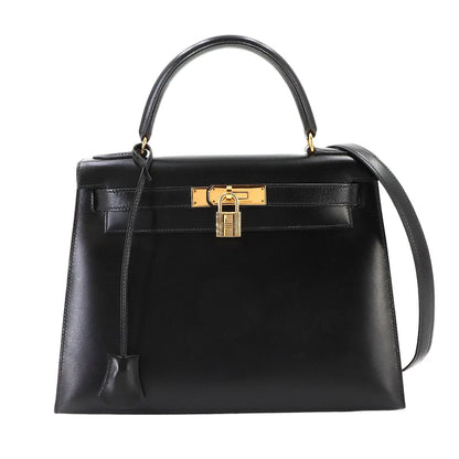 Hermes Kelly 28 Box Calf Black 2-Way Bag