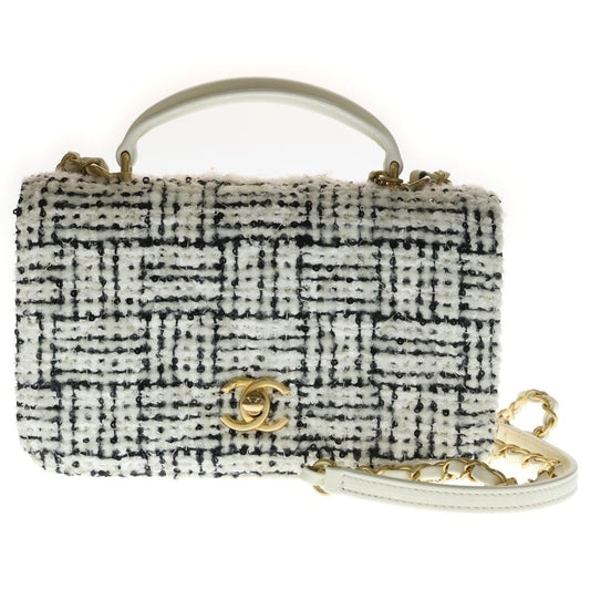 Chanel Top Handle Mini CC Logo Tweed Lambskin 2-Way Flap Shoulder Bag Black White