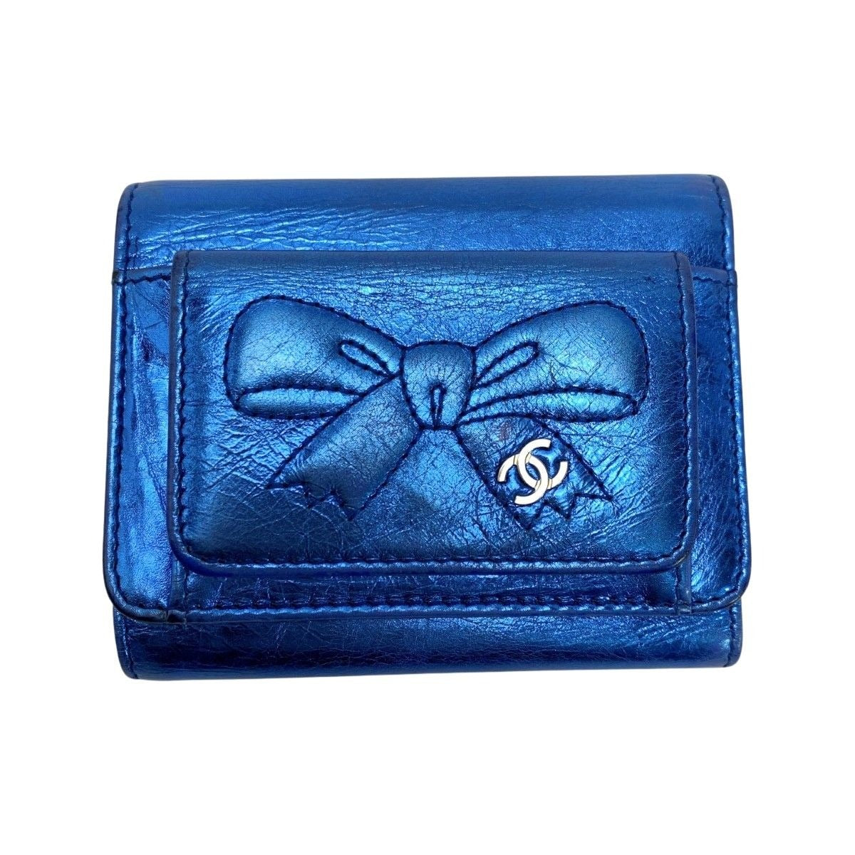 Chanel Trifold Wallet Ribbon Leather Metallic Blue Silver