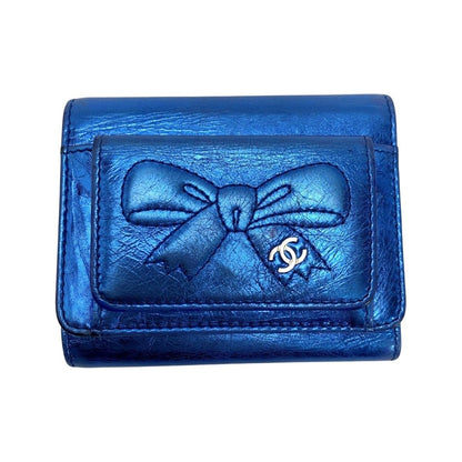 Chanel Trifold Wallet Ribbon Leather Metallic Blue Silver