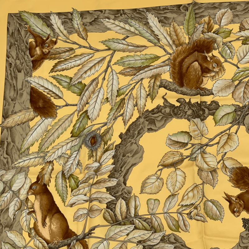 Hermes Carre 90 Casse Noisette Nutcracker Squirrel Pattern Nuts Scarf Silk