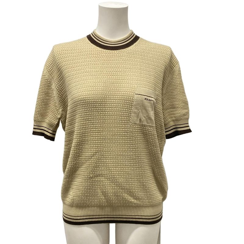 Prada Short Sleeved Sweater Size 46 L Women - Umb758 Beige And Brown Cotton Silk