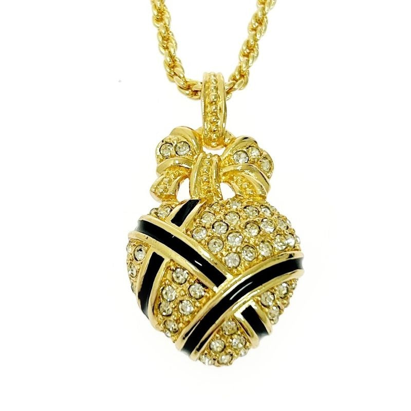 Christian Dior GP Rhinestone Ribbon Heart Necklace Gold Black