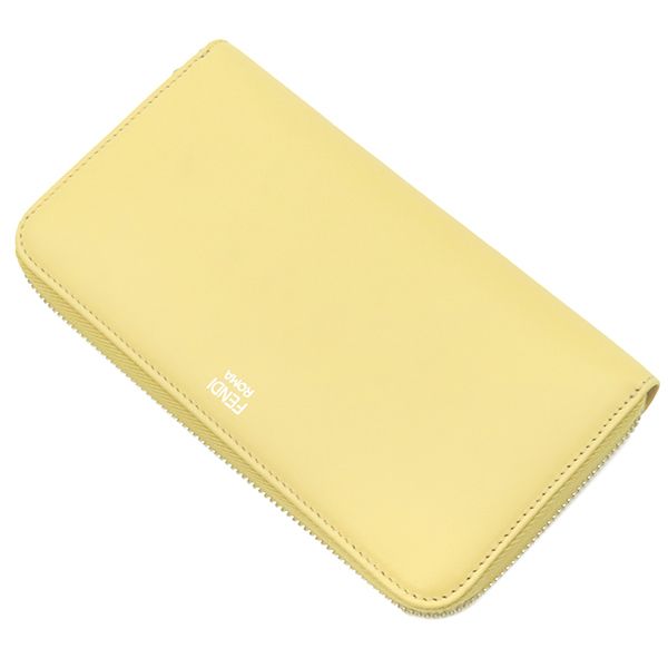 Fendi Long Wallet Robot Face Zip Around Leather Yellow Silver Hardware Round