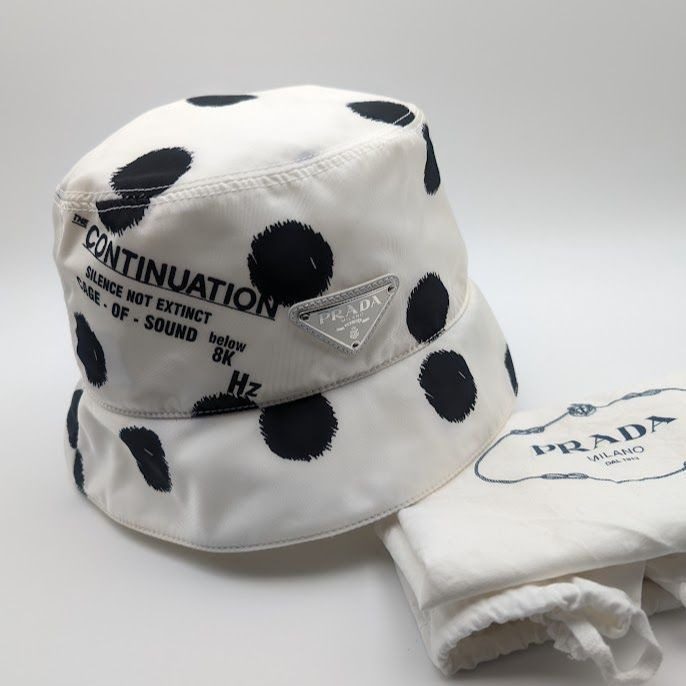 Prada Bucket Hat Nylon Triangle Logo Black White Dot Polka Dot Hat