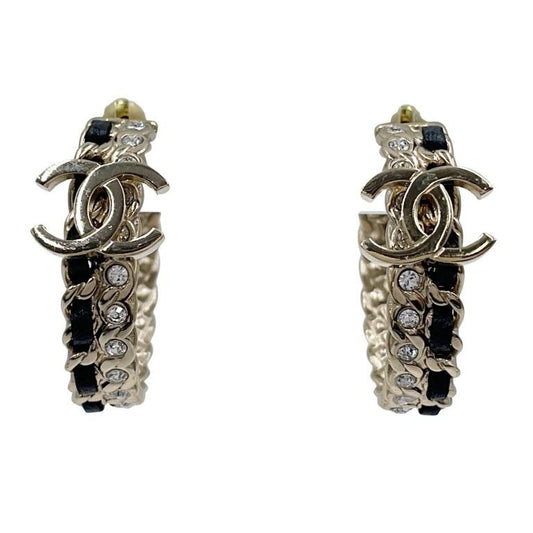 Chanel Earrings CC Logo Gold Black Metal Leather Rhinestone Chain