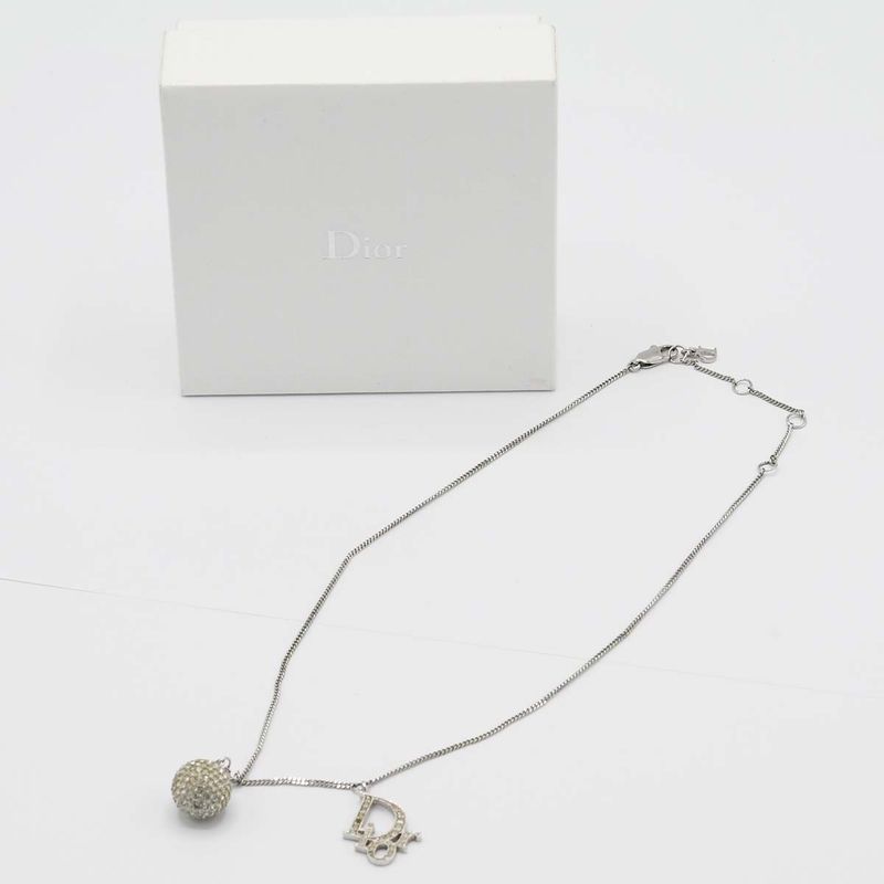 Christian DIOR Necklace Logo Ball Rhinestone Silver Color Accessories Ladies