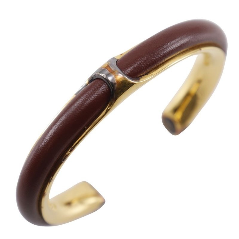 Hermes Vintage Gold Plated and Leather Brown 36.3 g Bangle