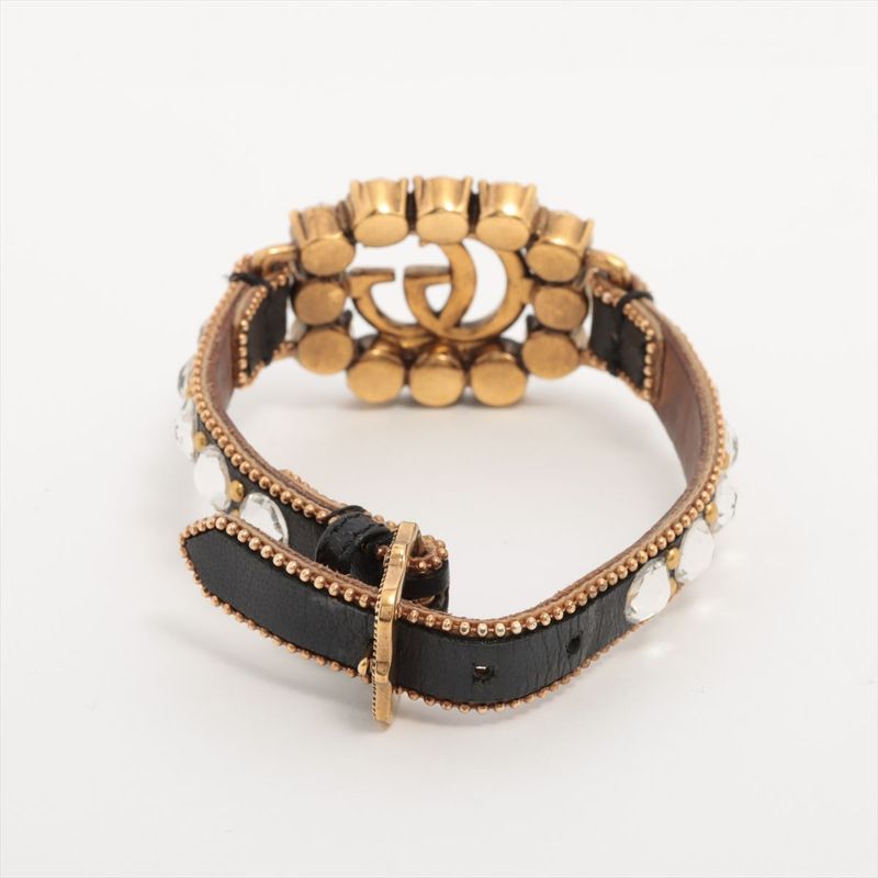 Gucci Double G Leather × Rhinestone × GP Bracelet Gold Made In Italy