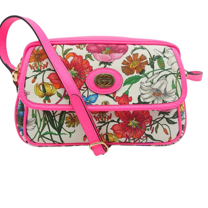 Gucci Flora Shoulder Bag Crossbody Pink Canvas With Floral Pattern