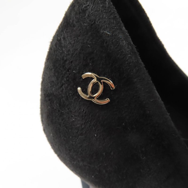 CHANEL G33546 Round Toe Suede Leather Pumps With Coco Mark Black 38 Made In