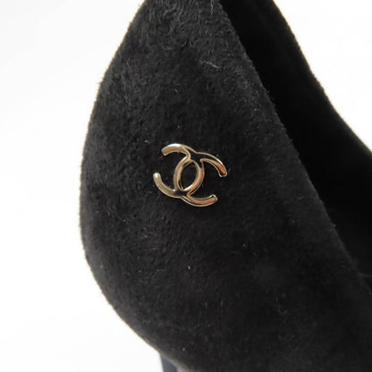 CHANEL G33546 Round Toe Suede Leather Pumps With Coco Mark Black 38 Made In