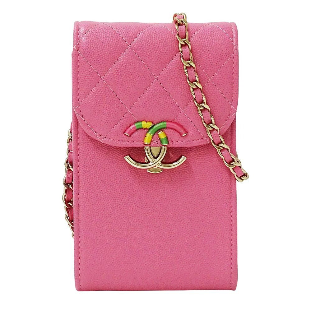 Chanel Quilted Shoulder Bag Smartphone Caviar Leather Pink Gold Pouch Chain