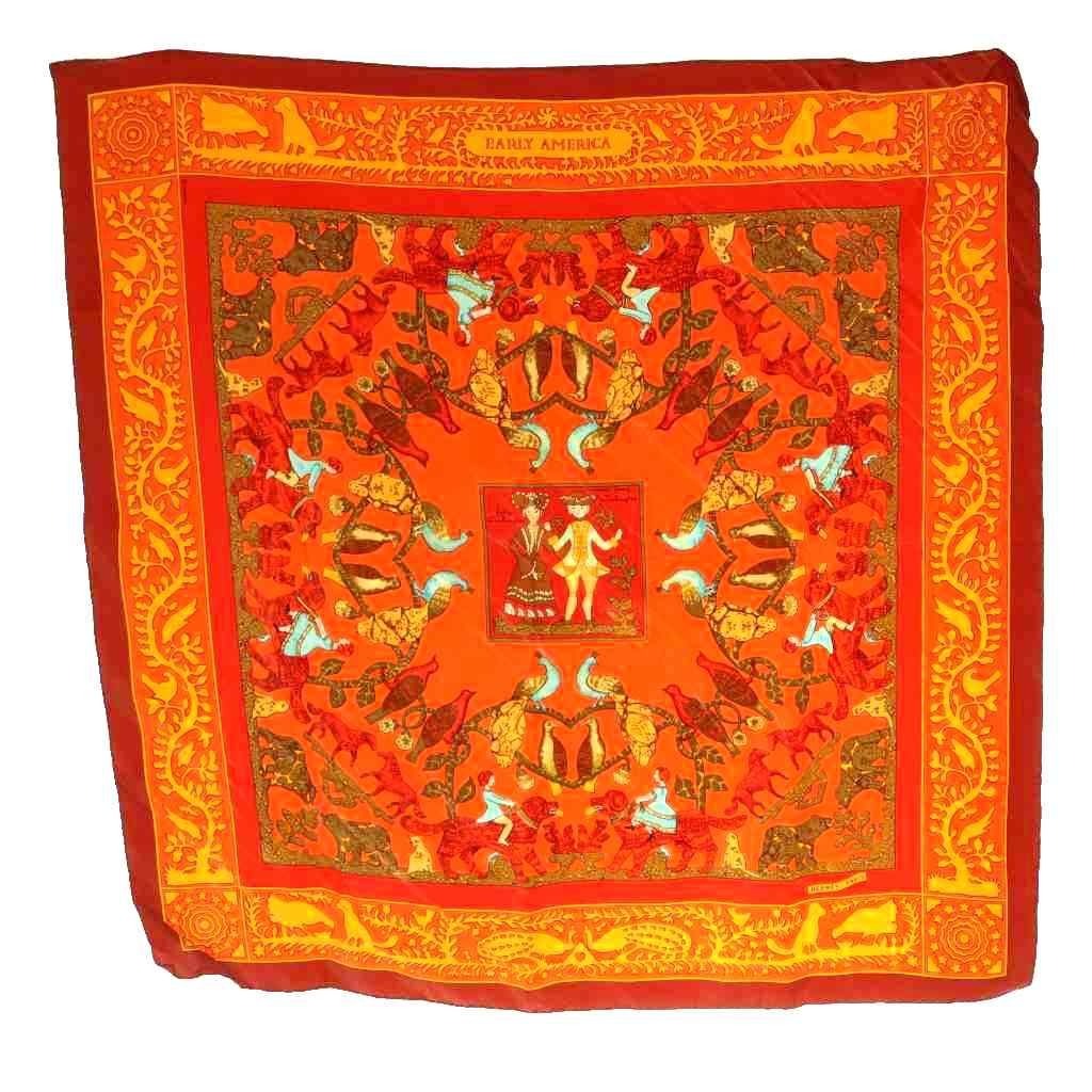 Hermes Vintage America Early Silk Large Shawl Multicolor Orange Gold SS Scarf