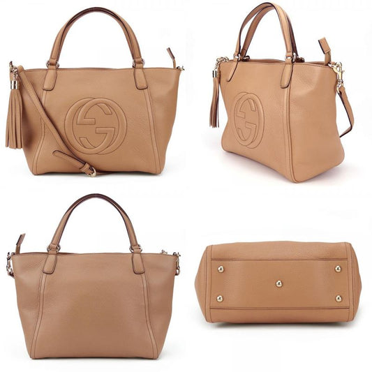 Gucci Handbag Soho 369176 Interlocking Tassel Leather Beige Gold Hardware 2WAY