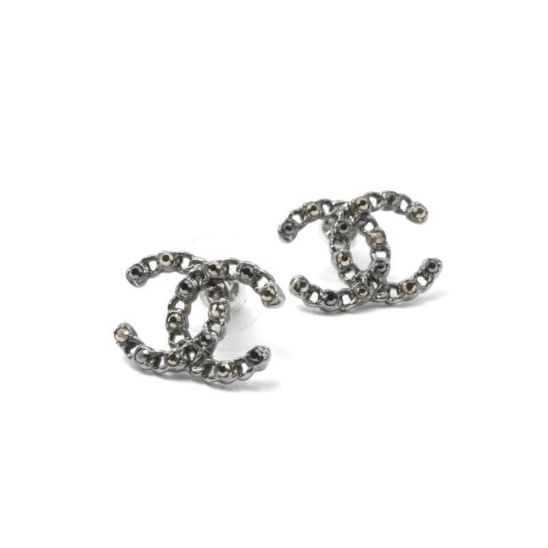 Chanel Earrings Silver Black Coco Mark Rhinestone