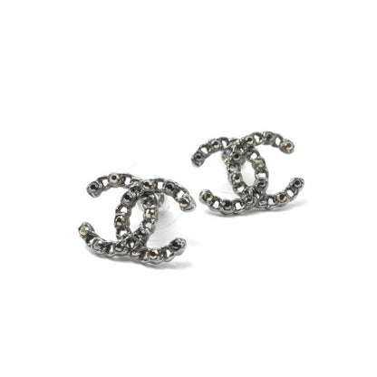 Chanel Earrings Silver Black Coco Mark Rhinestone