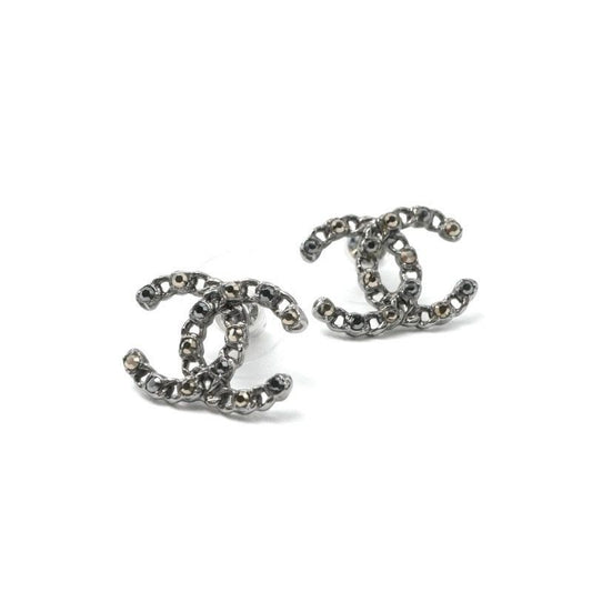 Chanel Earrings Silver Black Coco Mark Rhinestone