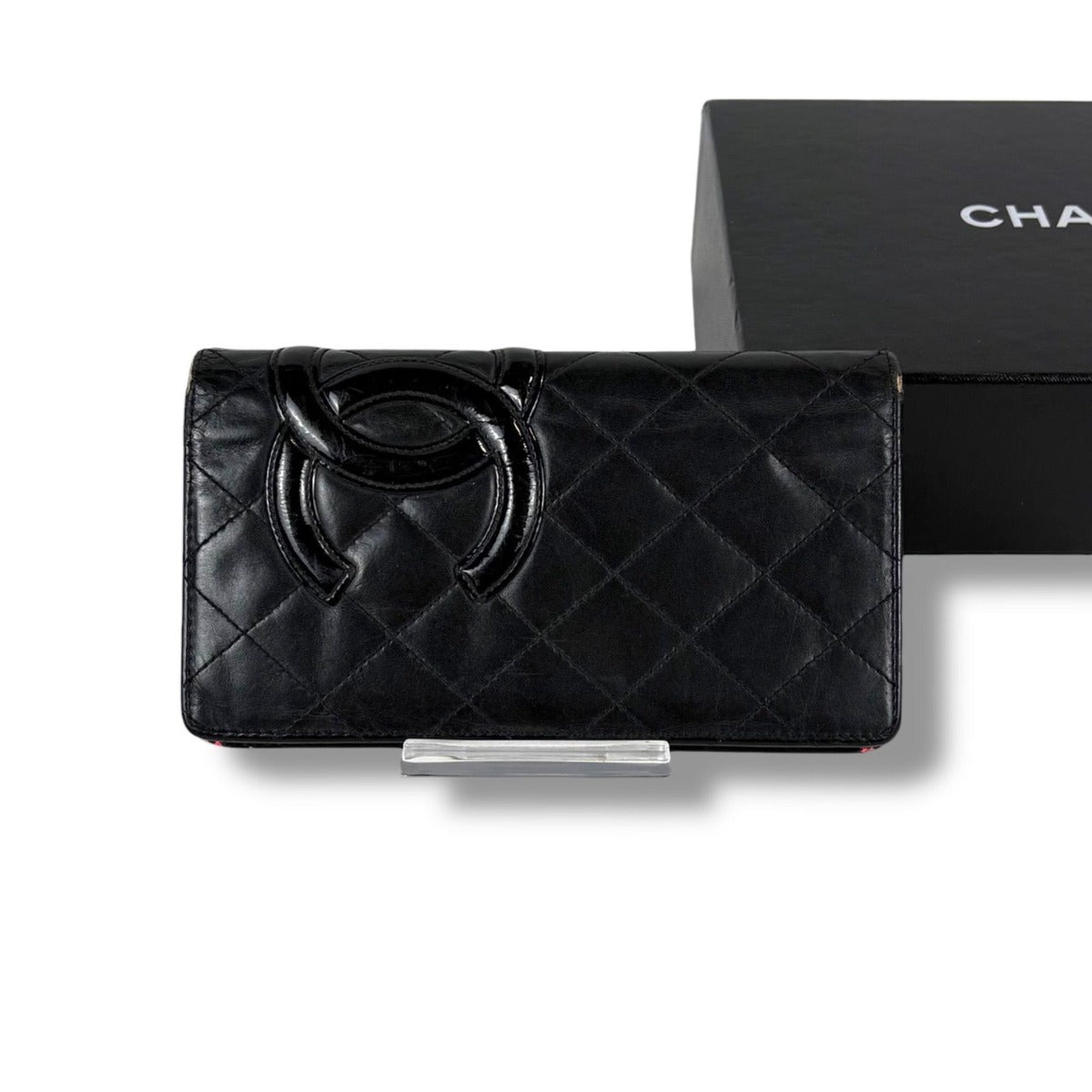 Chanel Cambon Line Long Wallet Bifold Black Pink CC Logo Quilted