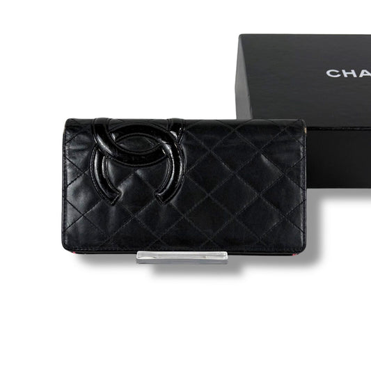 Chanel Cambon Line Long Wallet Bifold Black Pink CC Logo Quilted