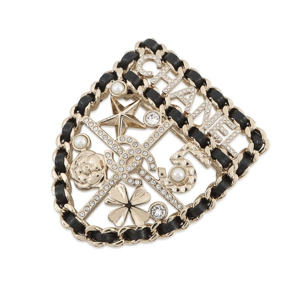 Chanel Brooch CC Logo Emblem Icon Line Stone Faux Pearl